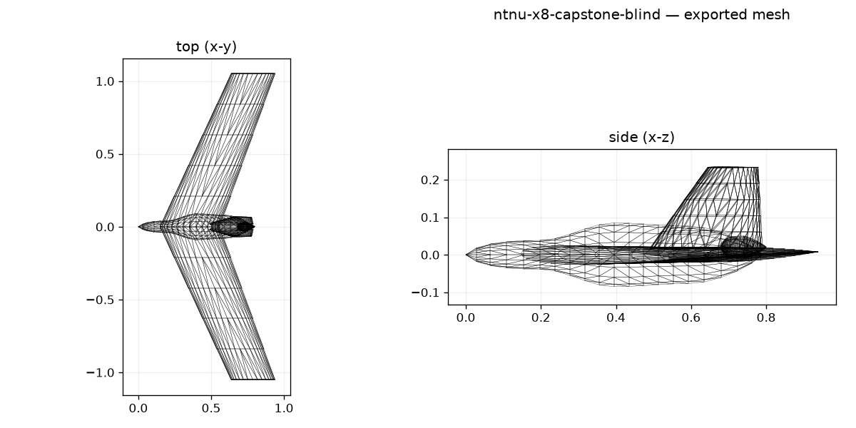 Open-air X8 Capstone optimized exported-mesh top and side views